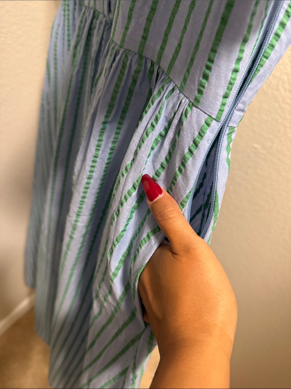 Striped Blue and Green Short-Sleeve Shirt Dress - Picture 6 of 7